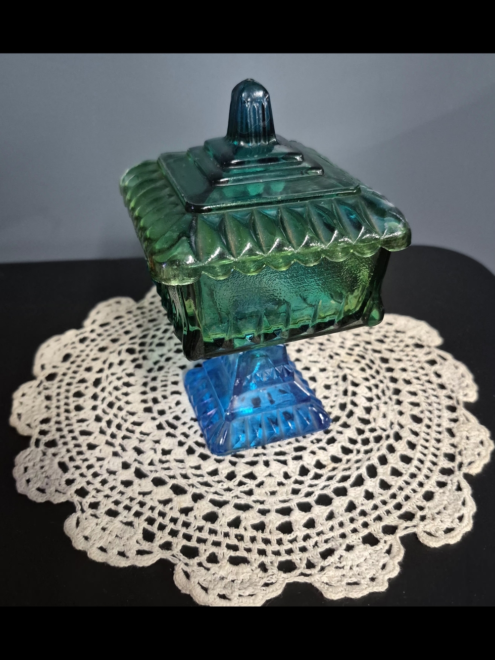Vintage Jeannette Glass Covered Candy Dish - Green & Blue